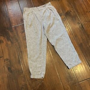 LOFT Blue White Ticking Stripe Paperbag Waist Linen Blend Tapered Pants Womens